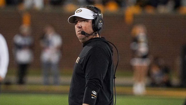 Oct 1, 2022; Columbia, Missouri, USA; Missouri Tigers head coach Eli Drinkwitz reacts to play against the Georgia Bulldogs during the game at Faurot Field at Memorial Stadium. Mandatory Credit: Denny Medley-Imagn Images Oct 1, 2022; Columbia, Missouri, USA; Missouri Tigers head coach Eli Drinkwitz reacts to play against the Georgia Bulldogs during the game at Faurot Field at Memorial Stadium. Mandatory Credit: Denny Medley-Imagn Images