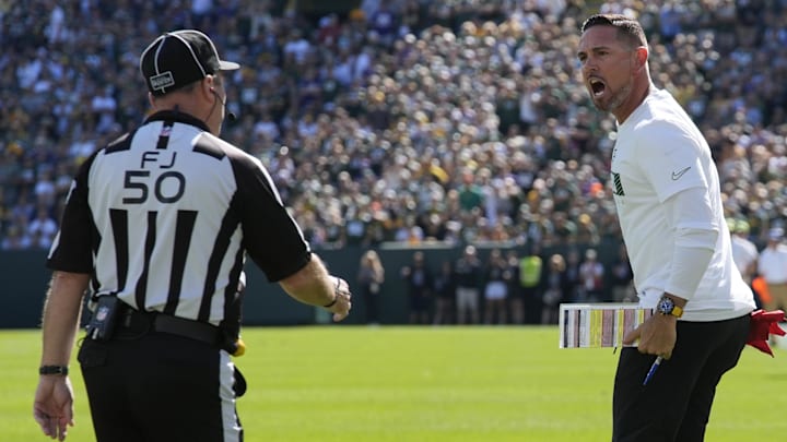 Green Bay Packers coach Matt LaFleur argues a call with field judge Aaron Santi during the second quarter of Sunday's loss to the Minnesota Vikings.
