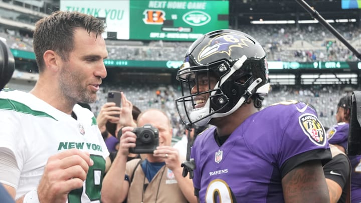 Joe Flacco of the Jets and Ravens quarterback Lamar Jackson at the end of the game. The Baltimore Ravens defeated the NY Jets 24-9 in the season opener on September 11, 2022.
The Baltimore Ravens Defeat The Ny Jets In The Seaqson Opener 24 9 On September 11 2022 Joe Flacco of the Jets and Ravens quarterback Lamar Jackson at the end of the game. The Baltimore Ravens defeated the NY Jets 24-9 in the season opener on September 11, 2022.
The Baltimore Ravens Defeat The Ny Jets In The Seaqson Opener 24 9 On September 11 2022