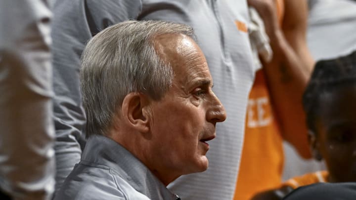 Feb 22, 2025; College Station, Texas, USA; Tennessee Volunteers head coach Rick Barnes speaks during a time-out in the second half against the Texas A&M Aggies at Reed Arena. Mandatory Credit: Maria Lysaker-Imagn Images 