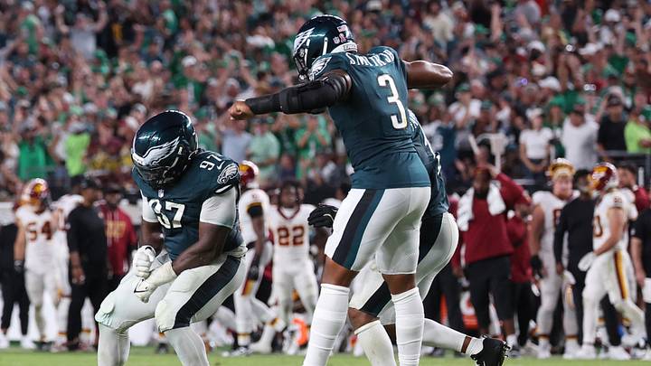 Sep 13, 2026; Philadelphia, Pennsylvania, USA; Philadelphia Eagles defensive tackle Moro Ojomo (97) reacts after stopping a two-point conversion against the Washington Commanders during the second half at Lincoln Financial Field. Sep 13, 2026; Philadelphia, Pennsylvania, USA; Philadelphia Eagles defensive tackle Moro Ojomo (97) reacts after stopping a two-point conversion against the Washington Commanders during the second half at Lincoln Financial Field.