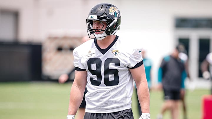 May 10, 2025; Jacksonville, FL, USA; Jacksonville Jaguars defensive lineman Ethan Downs (96) gets set for a drill during rookie minicamp at Miller Electric Center. Mandatory Credit: Travis Register-Imagn Images