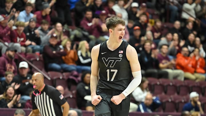 Jan 27, 2026; Blacksburg, Va.; Virginia Tech guard Neoklis Avdalas (17) celebrates a basket. Jan 27, 2026; Blacksburg, Va.; Virginia Tech guard Neoklis Avdalas (17) celebrates a basket.