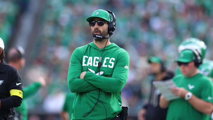 Oct 26, 2025; Philadelphia, Pennsylvania, USA; Philadelphia Eagles head coach Nick Sirianni looks on in the second quarter against the New York Giants at Lincoln Financial Field. Mandatory Credit: Bill Streicher-Imagn Images