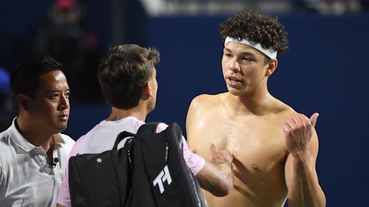 Ben Shelton talks with Flavio Cobolli at Sobeys Stadium.