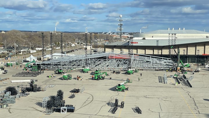 The NFL Draft theater is under construction outside Lambeau Field.