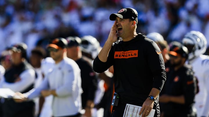 Oct 27, 2024; Cincinnati, Ohio, USA; Cincinnati Bengals head coach Zac Taylor reacts after a play in the first half against the Philadelphia Eagles at Paycor Stadium. Mandatory Credit: Katie Stratman-Imagn Images