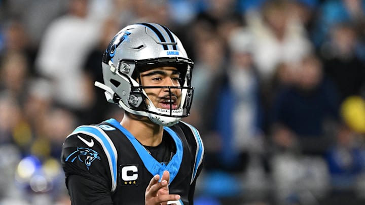 Jan 10, 2026; Charlotte, NC, USA; Carolina Panthers quarterback Bryce Young (9) reacts in the fourth quarter in an NFC Wild Card Round game at Bank of America Stadium. Mandatory Credit: Bob Donnan-Imagn Images