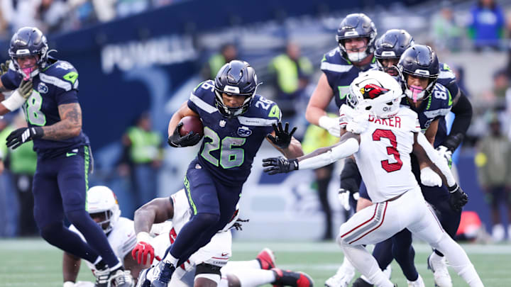 Nov 9, 2025; Seattle, Washington, USA; Seattle Seahawks running back Zach Charbonnet (26) rushes during the fourth quarter against the Arizona Cardinals at Lumen Field. Mandatory Credit: Kevin Ng-Imagn Images Nov 9, 2025; Seattle, Washington, USA; Seattle Seahawks running back Zach Charbonnet (26) rushes during the fourth quarter against the Arizona Cardinals at Lumen Field. Mandatory Credit: Kevin Ng-Imagn Images