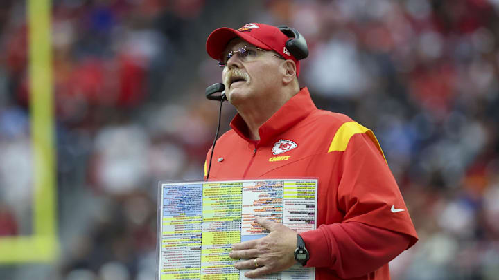 Dec 18, 2022; Houston, Texas, USA;  Kansas City Chiefs head coach Andy Reid looks on during the second quarter against the Houston Texans  at NRG Stadium. Mandatory Credit: Kevin Jairaj-Imagn Images