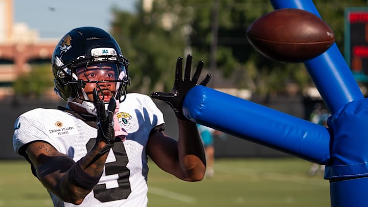 Jacksonville Jaguars cornerback Tyson Campbell (3) hauls in a pass while running drills during an NFL training camp fifth session at the Miller Electric Center, Monday, July 28, 2025, in Jacksonville, Fla. [Doug Engle/Florida Times-Union]