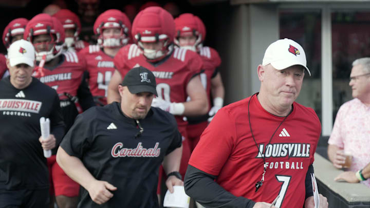 Louisville’s Jeff Brohm comes out before the game with a Browning Nagle’s #7 on against Louisville in the Spring Football game
April 17, 2026