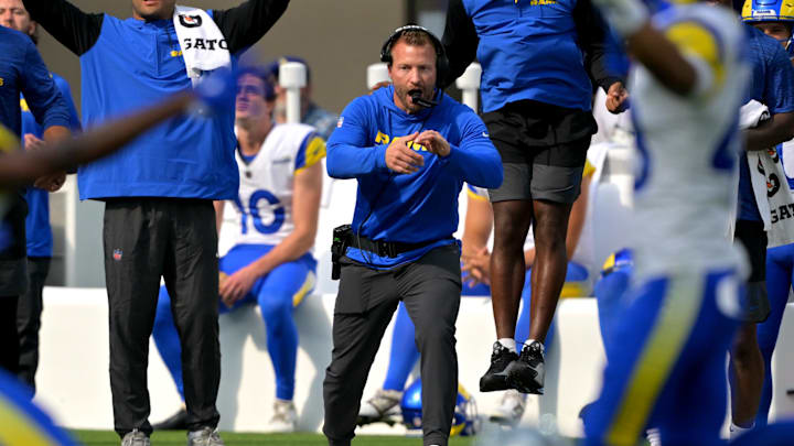 Aug 9, 2025; Inglewood, California, USA;  Los Angeles Rams head coach Sean McVay on the sidelines during the game against the Dallas Cowboys at SoFi Stadium. Mandatory Credit: Jayne Kamin-Oncea-Imagn Images