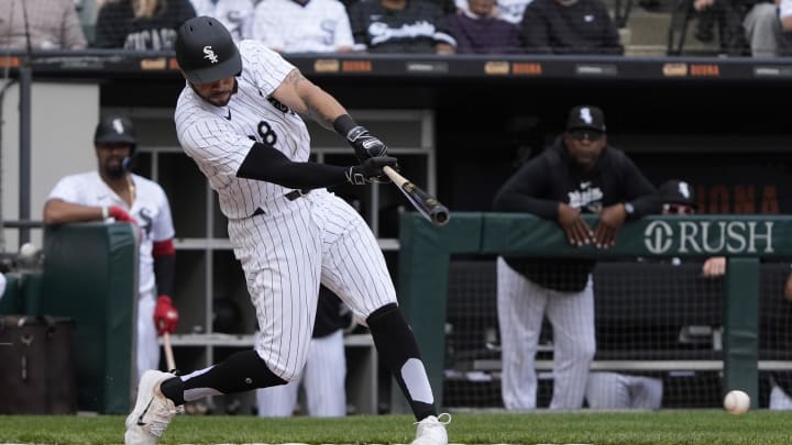 Apr 28, 2024; Chicago, Illinois, USA; Chicago White Sox outfielder Tommy Pham (28) hits a single Apr 28, 2024; Chicago, Illinois, USA; Chicago White Sox outfielder Tommy Pham (28) hits a single