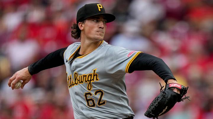 Pittsburgh Pirates pitcher Kyle Nicolas (62) throws a pitch in the seventh inning of the MLB National League game between the Cincinnati Reds and the Pittsburgh Pirates at Great American Ball Park on Wednesday, June 26, 2024. The Pirates took the series with a 6-1 win.