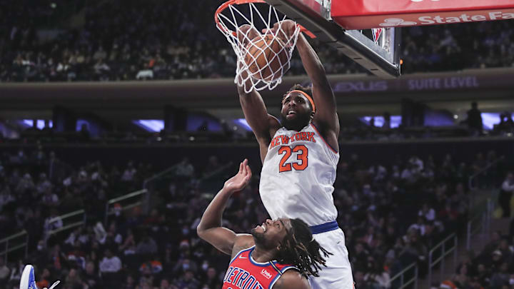 Dec 21, 2021; New York, New York, USA; New York Knicks center Mitchell Robinson (23) dunks over Detroit Pistons center Isaiah Stewart (28) in the third quarter at Madison Square Garden. Mandatory Credit: Wendell Cruz-Imagn Images Dec 21, 2021; New York, New York, USA; New York Knicks center Mitchell Robinson (23) dunks over Detroit Pistons center Isaiah Stewart (28) in the third quarter at Madison Square Garden. Mandatory Credit: Wendell Cruz-Imagn Images