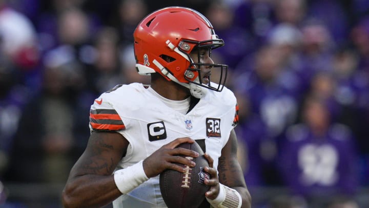 Nov 12, 2023; Baltimore, Maryland, USA;  Cleveland Browns quarterback Deshaun Watson (4) looks to pass against the Baltimore Ravens during the second half at M&T Bank Stadium. Mandatory Credit: Jessica Rapfogel-USA TODAY Sports