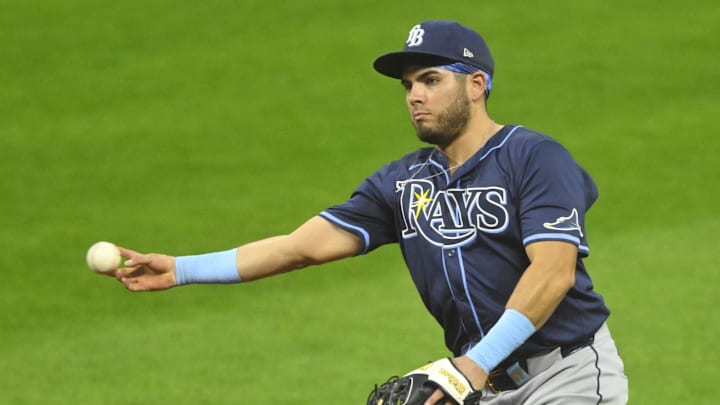 Cleveland, Ohio, USA; Tampa Bay Rays second baseman Jonathan Aranda (62) throws to first base in the second inning against the Cleveland Guardians at Progressive Field.