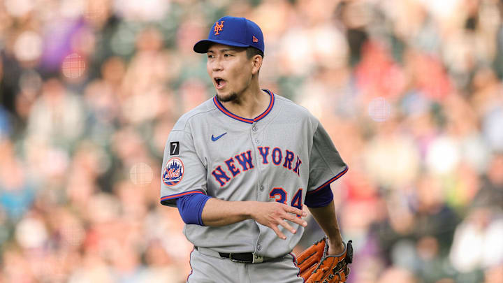 Jun 6, 2025; Denver, Colorado, USA; New York Mets starting pitcher Kodai Senga (34) reacts at the end of the second inning against the Colorado Rockies at Coors Field. Mandatory Credit: Isaiah J. Downing-Imagn Images Jun 6, 2025; Denver, Colorado, USA; New York Mets starting pitcher Kodai Senga (34) reacts at the end of the second inning against the Colorado Rockies at Coors Field. Mandatory Credit: Isaiah J. Downing-Imagn Images