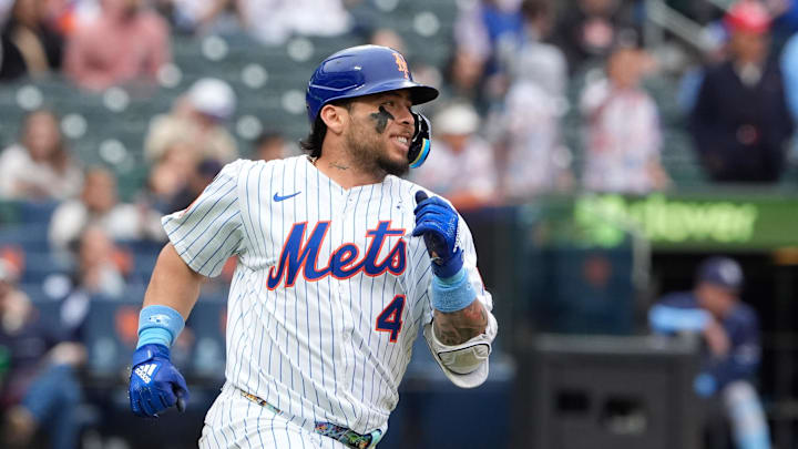 Jun 15, 2025; New York City, New York, USA; New York Mets catcher Francisco Alvarez (4) runs out a single against the Tampa Bay Rays during the ninth inning at Citi Field. Mandatory Credit: Gregory Fisher-Imagn Images
