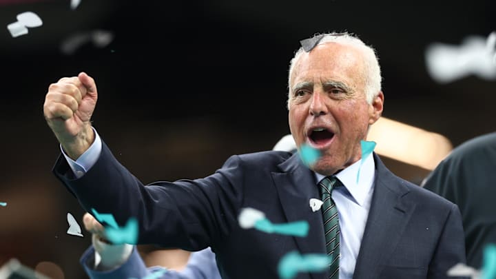 Philadelphia Eagles owner Jeffrey Lurie celebrates after defeating the Kansas City Chiefs in Super Bowl LIX .