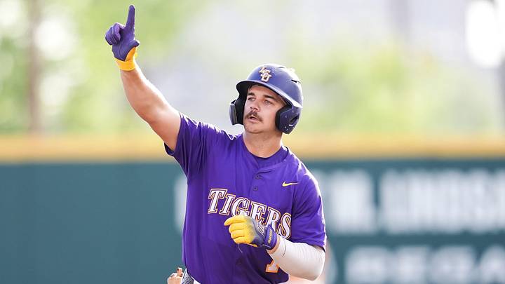 LSU's Jake Brown (7) celebrates a solo home run during a college baseball game between Tennessee and LSU at Lindsey Nelson Stadium in Knoxville, Tennessee., on April 3, 2026.