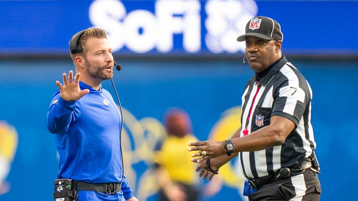 October 15, 2023; Inglewood, California, USA; Los Angeles Rams head coach Sean McVay (left) argues with the referees in front of side judge Keith Washington (7) during the third quarter against the Arizona Cardinals at SoFi Stadium. Mandatory Credit: Kyle Terada-USA TODAY Sports