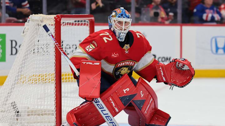 Feb 26, 2026; Sunrise, Florida, USA; Florida Panthers goaltender Sergei Bobrovsky (72) defends his net against the Toronto Maple Leafs during the second period at Amerant Bank Arena. Mandatory Credit: Sam Navarro-Imagn Images