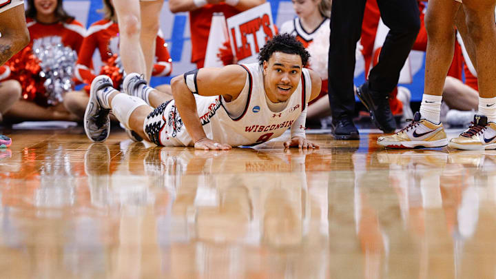 Mar 20, 2025; Denver, CO, USA; Wisconsin Badgers guard John Tonje (9) looks on during the second half against the Montana Grizzlies in the first round of the NCAA Tournament at Ball Arena. Mandatory Credit: Isaiah J. Downing-Imagn Images
