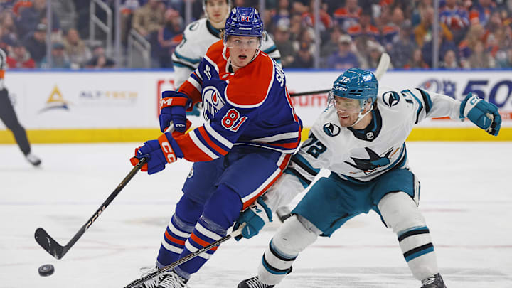 Jan 29, 2026; Edmonton, Alberta, CAN; Edmonton Oilers forward Josh Samanski (81) chips the puck past .San Jose Sharks forward William Eklund (72) during the first period at Rogers Place. Mandatory Credit: Perry Nelson-Imagn Images Jan 29, 2026; Edmonton, Alberta, CAN; Edmonton Oilers forward Josh Samanski (81) chips the puck past .San Jose Sharks forward William Eklund (72) during the first period at Rogers Place. Mandatory Credit: Perry Nelson-Imagn Images