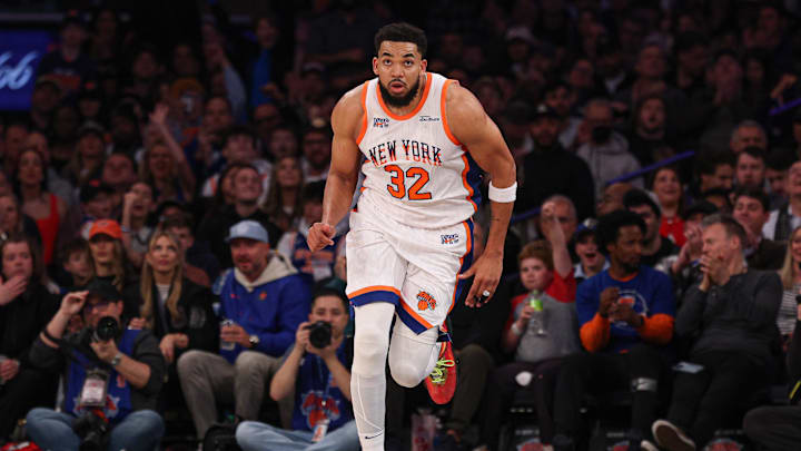 Mar 30, 2025; New York, New York, USA; New York Knicks center Karl-Anthony Towns (32) runs up court during the first half against the Portland Trail Blazers at Madison Square Garden. Mandatory Credit: Vincent Carchietta-Imagn Images