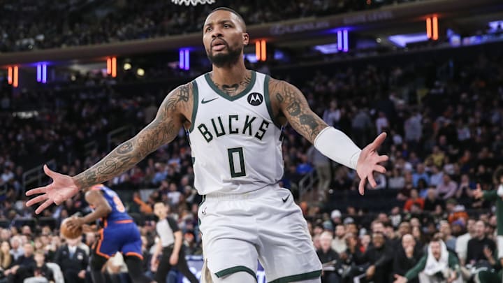 Dec 23, 2023; New York, New York, USA;  Milwaukee Bucks guard Damian Lillard (0) reacts after a non-call in the fourth quarter against the New York Knicks at Madison Square Garden. Mandatory Credit: Wendell Cruz-Imagn Images