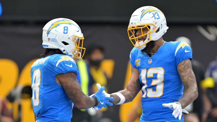 Sep 21, 2025; Inglewood, California, USA; Los Angeles Chargers running back Omarion Hampton (8) is congratulated by wide receiver Keenan Allen (13) after scoring a touchdown in the first half against the Denver Broncos at SoFi Stadium. Mandatory Credit: Jayne Kamin-Oncea-Imagn Images Sep 21, 2025; Inglewood, California, USA; Los Angeles Chargers running back Omarion Hampton (8) is congratulated by wide receiver Keenan Allen (13) after scoring a touchdown in the first half against the Denver Broncos at SoFi Stadium. Mandatory Credit: Jayne Kamin-Oncea-Imagn Images