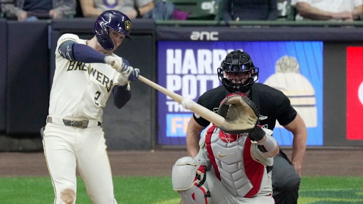 Milwaukee Brewers second baseman Brice Turang (2) hits a RBI double during the fourth inning of their game against the Philadelphia Phillies Wednesday, September 3, 2025 at American Family Field in Milwaukee, Wisconsin.