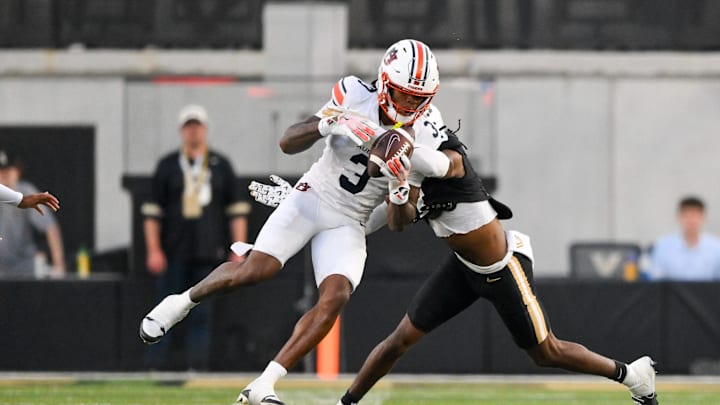 Nov 8, 2025; Nashville, Tennessee, USA;  Auburn Tigers wide receiver Perry Thompson (3) makes a catch over the middle against the Vanderbilt Commodores during the first half at FirstBank Stadium. Mandatory Credit: Steve Roberts-Imagn Images