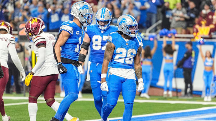 Detroit Lions running back Jahmyr Gibbs (26) celebrates a 
touchdown against Washington Commanders during the second half of the NFC divisional round at Ford Field in Detroit on Saturday, Jan. 18, 2025.