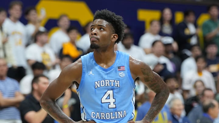 Jan 17, 2026; Berkeley, California, USA; North Carolina Tar Heels guard Jaydon Young (4) reacts during the second half against the California Golden Bears at Haas Pavilion. Mandatory Credit: Darren Yamashita-Imagn Images