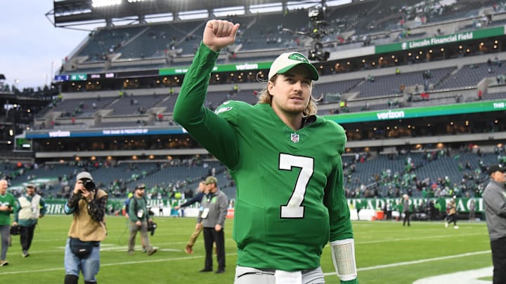 Dec 29, 2024; Philadelphia, Pennsylvania, USA; Philadelphia Eagles quarterback Kenny Pickett (7) walks off the field after win against the Dallas Cowboys at Lincoln Financial Field. Mandatory Credit: Eric Hartline-Imagn Images