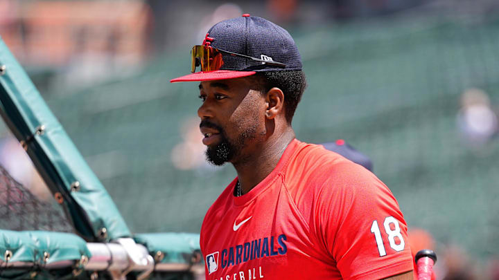 May 26, 2025; Baltimore, Maryland, USA; St. Louis Cardinals right fielder Jordan Walker (18) prior to the game against the Baltimore Orioles at Oriole Park at Camden Yards. Mandatory Credit: Gregory Fisher-Imagn Images