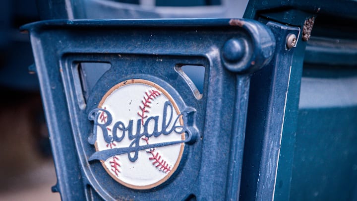 Apr 16, 2023; Kansas City, Missouri, USA; Logo on stadium seats prior to the game between the Kansas City Royals and the Atlanta Braves at Kauffman Stadium. Mandatory Credit: William Purnell-Imagn Images Apr 16, 2023; Kansas City, Missouri, USA; Logo on stadium seats prior to the game between the Kansas City Royals and the Atlanta Braves at Kauffman Stadium. Mandatory Credit: William Purnell-Imagn Images