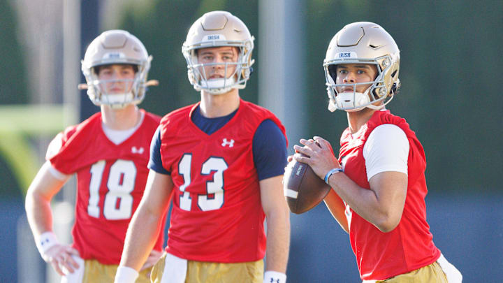 Notre Dame quarterback Kenny Minchey, right, during a Notre Dame football spring practice at Irish Athletic Center on Wednesday, March 19, 2025, in South Bend.