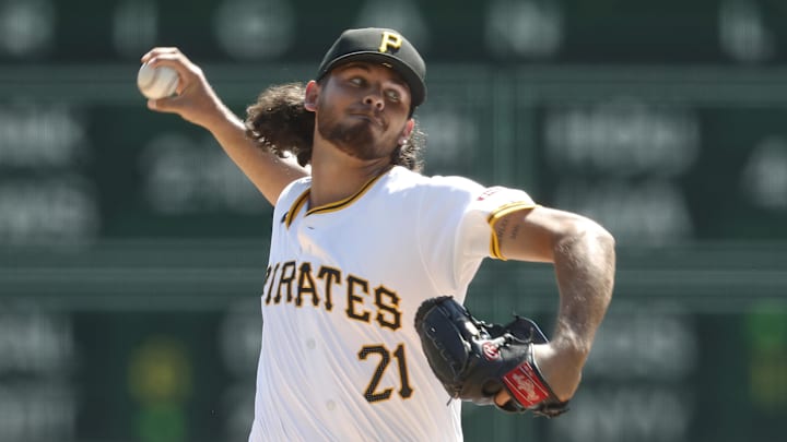 Sep 15, 2024; Pittsburgh, Pennsylvania, USA;  Pittsburgh Pirates starting pitcher Jared Jones (37) delivers a pitch against the Kansas City Royals during the first inning at PNC Park. Mandatory Credit: Charles LeClaire-Imagn Images