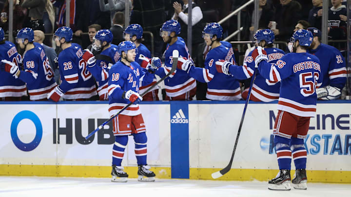 Jan 4, 2024; New York, New York, USA; New York Rangers left wing Artemi Panarin (10) celebrates with