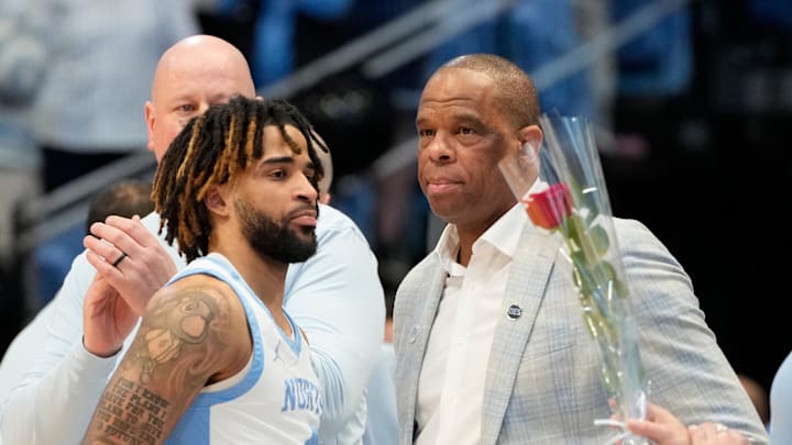 Mar 8, 2025; Chapel Hill, North Carolina, USA; North Carolina Tar Heels guard RJ Davis (4) with head coach Hubert Davis before the game at Dean E. Smith Center. Mandatory Credit: Bob Donnan-Imagn Images Mar 8, 2025; Chapel Hill, North Carolina, USA; North Carolina Tar Heels guard RJ Davis (4) with head coach Hubert Davis before the game at Dean E. Smith Center. Mandatory Credit: Bob Donnan-Imagn Images