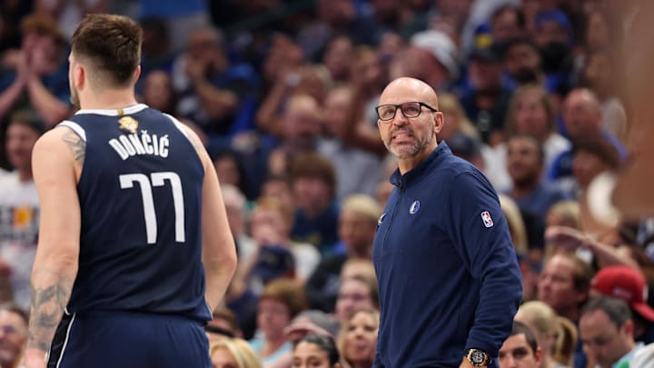 Jun 12, 2024; Dallas, Texas, USA; Dallas Mavericks head coach Jason Kidd looks on against the Boston Celtics during the second quarter during game three of the 2024 NBA Finals at American Airlines Center. Mandatory Credit: Kevin Jairaj-USA TODAY Sports