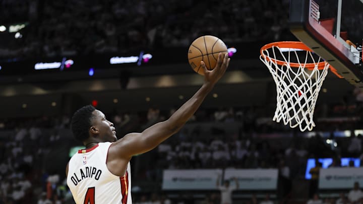 Apr 22, 2023; Miami, Florida, USA; Miami Heat guard Victor Oladipo (4) drives to the basket in the fourth quarter against the Milwaukee Bucks during game three of the 2023 NBA Playoffs at Kaseya Center. Mandatory Credit: Sam Navarro-Imagn Images Apr 22, 2023; Miami, Florida, USA; Miami Heat guard Victor Oladipo (4) drives to the basket in the fourth quarter against the Milwaukee Bucks during game three of the 2023 NBA Playoffs at Kaseya Center. Mandatory Credit: Sam Navarro-Imagn Images