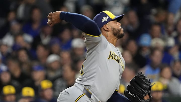 Oct 9, 2025; Chicago, Illinois, USA; Milwaukee Brewers pitcher Freddy Peralta (51) throws pitch against the Chicago Cubs during the first inning for game four of the NLDS round for the 2025 MLB playoffs at Wrigley Field. Mandatory Credit: David Banks-Imagn Images Oct 9, 2025; Chicago, Illinois, USA; Milwaukee Brewers pitcher Freddy Peralta (51) throws pitch against the Chicago Cubs during the first inning for game four of the NLDS round for the 2025 MLB playoffs at Wrigley Field. Mandatory Credit: David Banks-Imagn Images