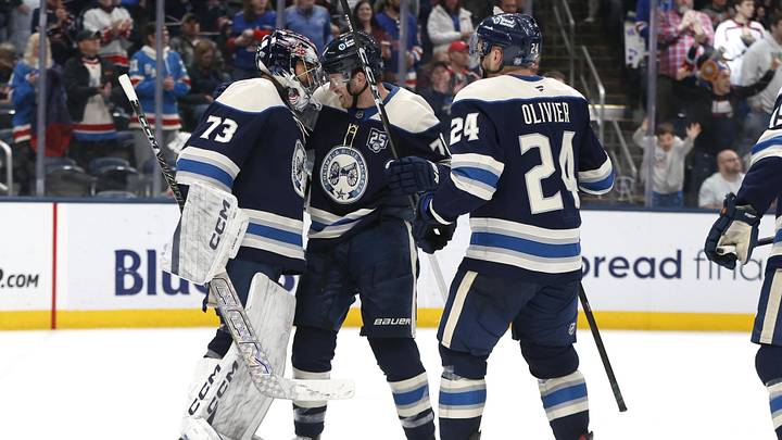 Mar 19, 2026; Columbus, Ohio, USA; Columbus Blue Jackets goalie Jet Greaves (73) celebrates the win against the New York Rangers after the game at Nationwide Arena. Mandatory Credit: Russell LaBounty-Imagn Images Mar 19, 2026; Columbus, Ohio, USA; Columbus Blue Jackets goalie Jet Greaves (73) celebrates the win against the New York Rangers after the game at Nationwide Arena. Mandatory Credit: Russell LaBounty-Imagn Images