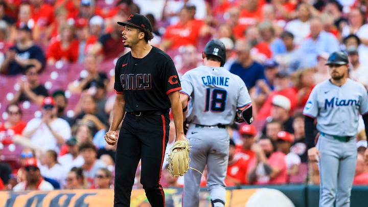 Aug 14, 2026; Cincinnati, Ohio, USA; Cincinnati Reds starting pitcher Chase Burns (26) reacts after a play in the fourth inning against the Miami Marlins at Great American Ball Park. Mandatory Credit: Katie Stratman-Imagn Images Aug 14, 2026; Cincinnati, Ohio, USA; Cincinnati Reds starting pitcher Chase Burns (26) reacts after a play in the fourth inning against the Miami Marlins at Great American Ball Park. Mandatory Credit: Katie Stratman-Imagn Images