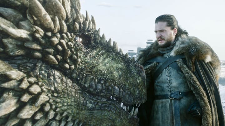 Kit Harington (Jon Snow) and Rhaegal in Game of Thrones season 8 Episode 1, "Winterfell"